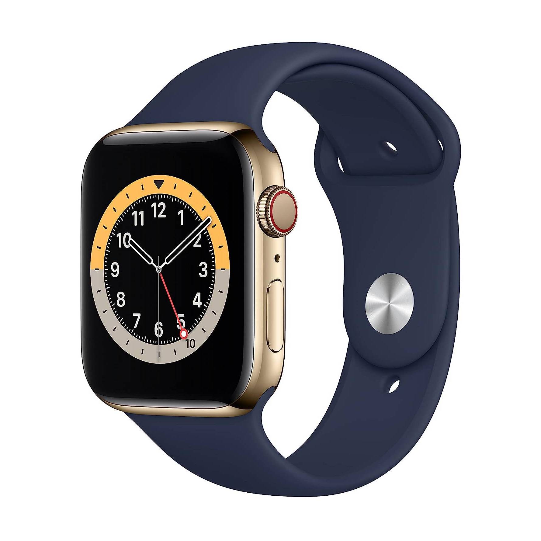 Умные часы Apple Watch Series 6 GPS + Cellular, 44 мм, сталь золотого цвета, спортивный ремешок синий