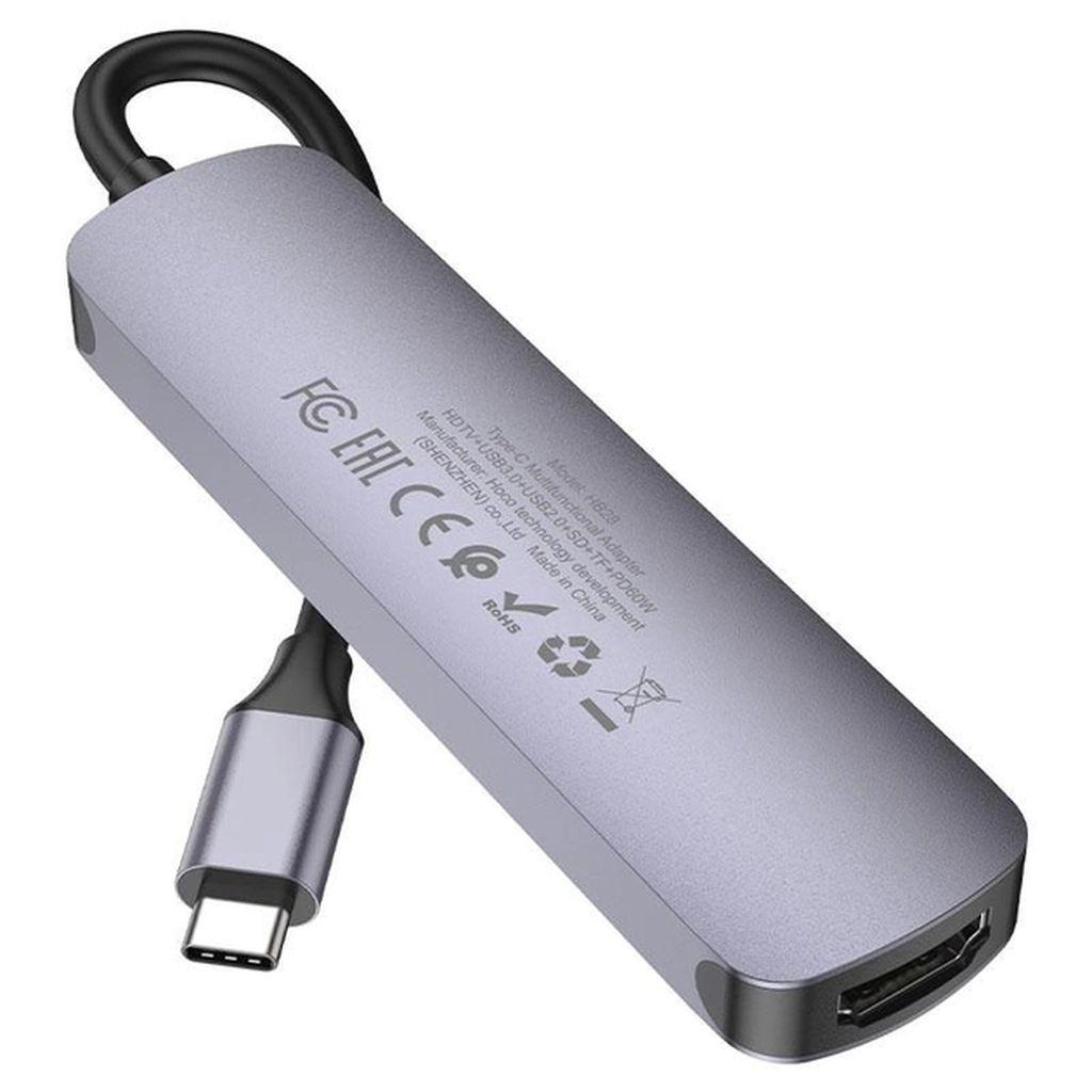 Адаптер HOCO HB28 USB-C to multi, 6 в 1, серый Фото 1