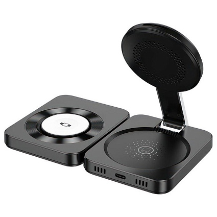 Зарядная станция Hoco CQ11 3в1 Folding magnetic wireless fast charger, черный Фото 2