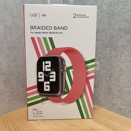 Ремешок для смарт-часов vlp для Apple Watch 38/40/41, L/XL, 2шт, нейлоновый плетёный, коралловый Фото 2