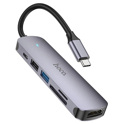 Адаптер HOCO HB28 USB-C to multi, 6 в 1, серый Фото 1